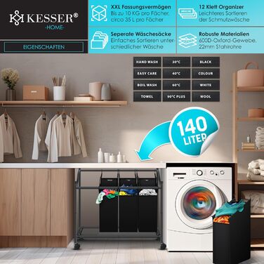 KESSER® Laundry Basket, Laundry Collector, Laundry Sorter with 4 Removable Fabric Bags | 4 Compartments x 35 Liters | Laundry Box with 12 Laundry Instructions, 360° Swivel Wheels with Brake, Laundry Sorting System, Laundry Cart, Black