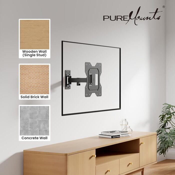 Кріплення для телевізора PureMounts - настінне, поворотне, нахилене, універсальне, VESA 200x200, для телевізорів 23-43 дюймів, до 30 кг, чорний, без шарнірного кріплення