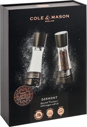 Набір для солі та перцю Cole & Mason Derwent Roségold - ручний млин з регульованою керамічною жорна, дерево/акрил, 190 мм, Precision+, подарунковий набір
