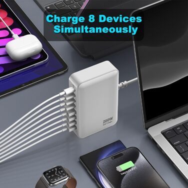 Зарядний пристрій USB-C 200W, 8 портів, GaN адаптер для MacBook Air/iPad/iPhone 15/16/Galaxy S23 - Білий