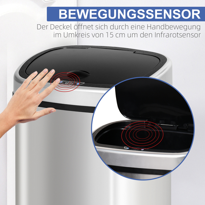 HOMCOM 58L Automatic Trash Can with Infrared Sensor, Hygienic, Large, Stainless Steel Silver, L40.9 x B28.9 x H68 cm