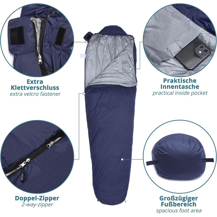 Спальний мішок Outdoor Daunenschlafsack: ультралегкий, теплий, з наповнювачем з гусячого пуху (190г) + маска для сну та беруші