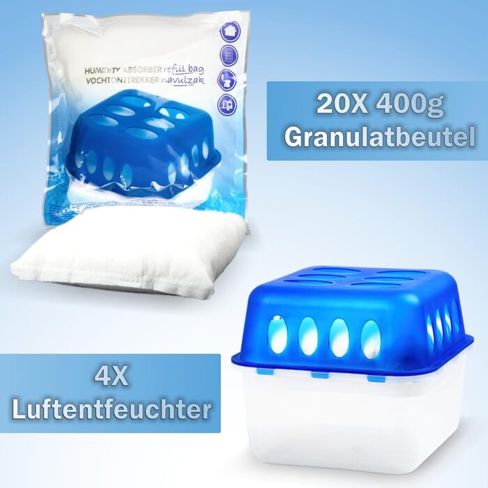 XXL Set: 4 x Dehumidifier Boxes with 20 Refill Packs, Room Dehumidifier, Moisture Stopper with Granule Bags (4 x Box + 20 x Refill Pack 400g)