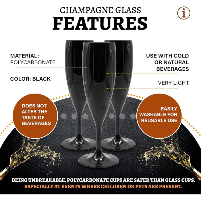 DOJA Barcelona: Набір з 6 склянок для шампанського, 60 мл, чорний полікарбонат, багаторазові | 195x68x2 мм