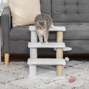 PawHut 3-Step Pet Staircase with Scratching Posts, Ball, Dog Staircase, Animal Staircase for Cats up to 5 kg, Plush Jute, White, 45 x 40 x 48 cm