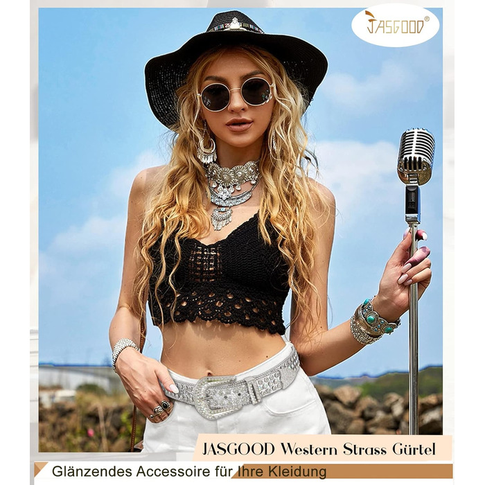 Жіночий шкіряний ремінь JasGood з камінням, стиль вестерн, ковбойський, з заклепками, сріблястий, 115 см (підходить для розміру штанів 81-95 см)