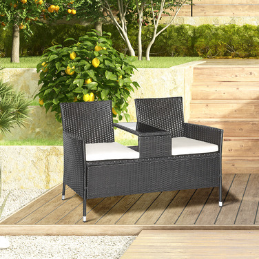 Садова лавка Outsunny з ротангу Polyrattan на 2 особи з журнальним столиком, садове диван-крісло зі сталі чорного кольору, B133 x Ш63 x H84см, стійке до погодних умов та сучасне