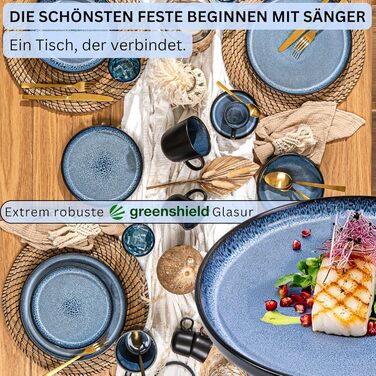 SÄNGER Aruba: Комплект посуду 30 предметів для 6 осіб | Керамічний посуд, миючий посуд, посуд для мікрохвильової печі, синій з чорним обідком