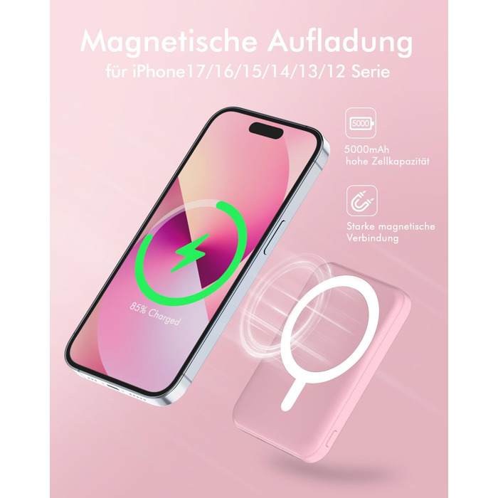 Power Bank MagSafe 5000mAh для iPhone (Рожевий): Швидка зарядка 20W, Type-C, сумісний з iPhone 17/16/15/14/13/12