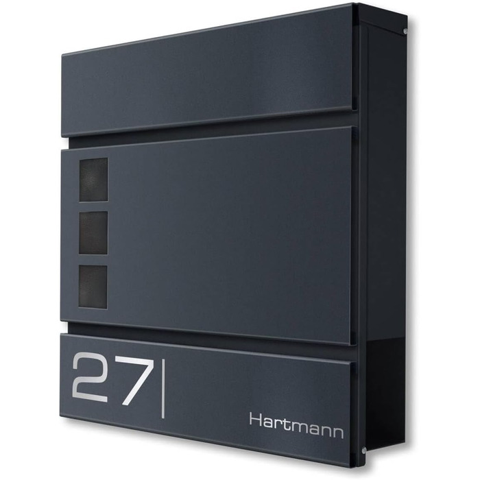 Поштова скринька Metzler Cube антрацит RAL 7016 з лазерним гравіюванням номеру будинку та імені - настінна, з відділенням для газет, вікном. Розмір: 37x37x10.5 см