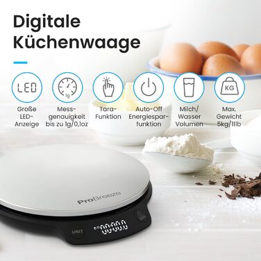 Кухонні ваги Pro Breeze - цифрові, до 5 кг, з точністю 1 г, з вимірюванням рідини, LCD-дисплей, функція тарування, сріблястий/нержавіюча сталь