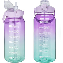 2L Tritan Water Bottle with Straw & Time Marker 2 liter BPA-free Motivational Water Bottle with Clock Large Sports Bottle for Gym, Fitness, Hiking (Transparent Purple / Green)