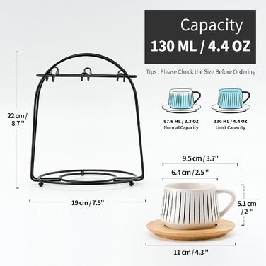 Набір керамічних чашок та підставок для кави з металевим стійкою (6 шт.), 130 мл, чорний, для капучіно, еспресо, лате, американо, чаю