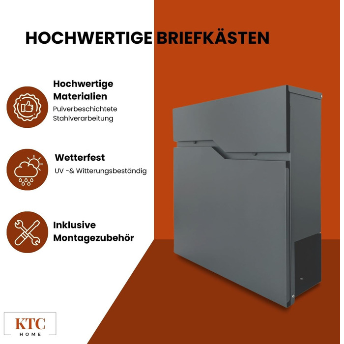 Поштова скринька KTC Home Premium Postlux 4.0 Anthrazit з нержавіючою сталлю, стійка до УФ-випромінювання та погодних умов, порошкове покриття