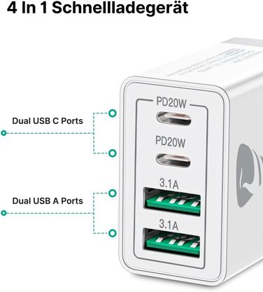 Подвійний зарядний пристрій USB-C Aioneus 40W з 4 портами PD+QC, багатопортовий адаптер живлення для iPhone 15, Samsung та інших смартфонів