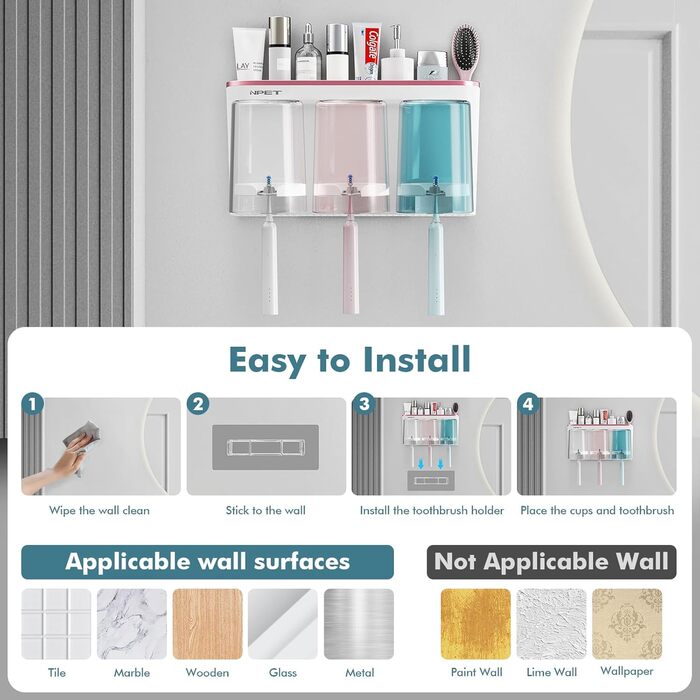 NPET Bathroom Toothbrush Holder, 3 Cups, Toothbrush Holder Set, Wall Mount, Ideal Bathroom Accessories Organization (3 Cups, Rose Gold)