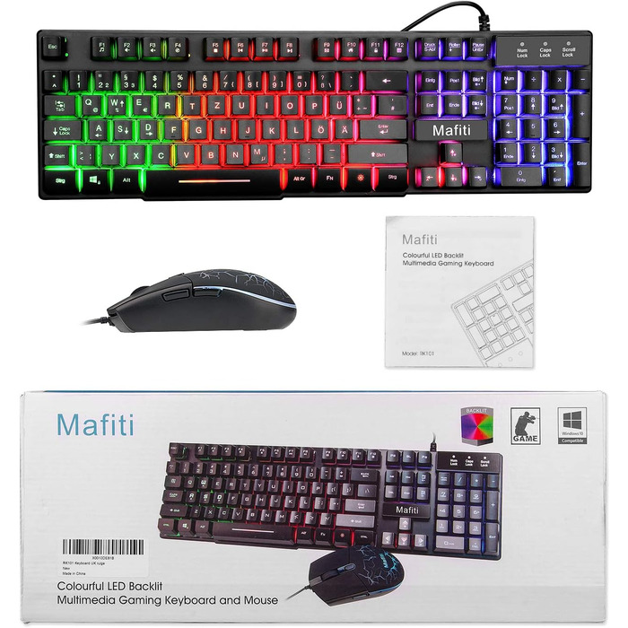 Набір клавіатури та миші Mafiti, провідний, з LED-підсвічуванням QWERTZ (DE-розкладка), багатобарвна підсвітка для геймінгу та офісу