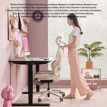 Ергономічне крісло для жінок MUSSO E80 Muse FemmePosture™ - регулювання на 135°, 3D-підтримка попереку, 17см 4D-підголівник, висувна підніжка, регулювання глибини/висоти сидіння, регульовані підлокітники (Рожеве)