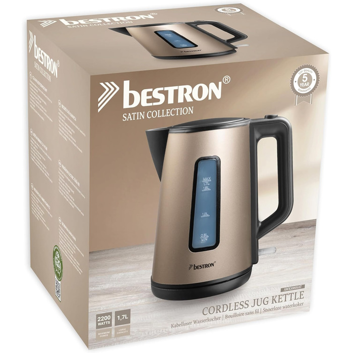 Bestron Electric Kettle with 360° Swivel Base, Auto Shut-Off & Boil-Dry Protection, 1.7L Capacity, 2200W, Black/Wood (Light Beige)