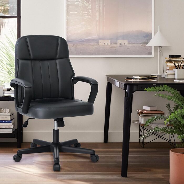 Офісне крісло MIXASTEP з PU-шкіри, поворотне, регульована висота, міцні підлокітники, 360° колеса, для роботи, навчання, ігор (Чорний)