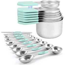Magnetic Measuring Cup and Spoon Set, Durable 304 Stainless Steel, Double Measuring Markings, 16-Piece Set, with Leveler for Measuring Dry and Liquid Ingredients, Mint Green