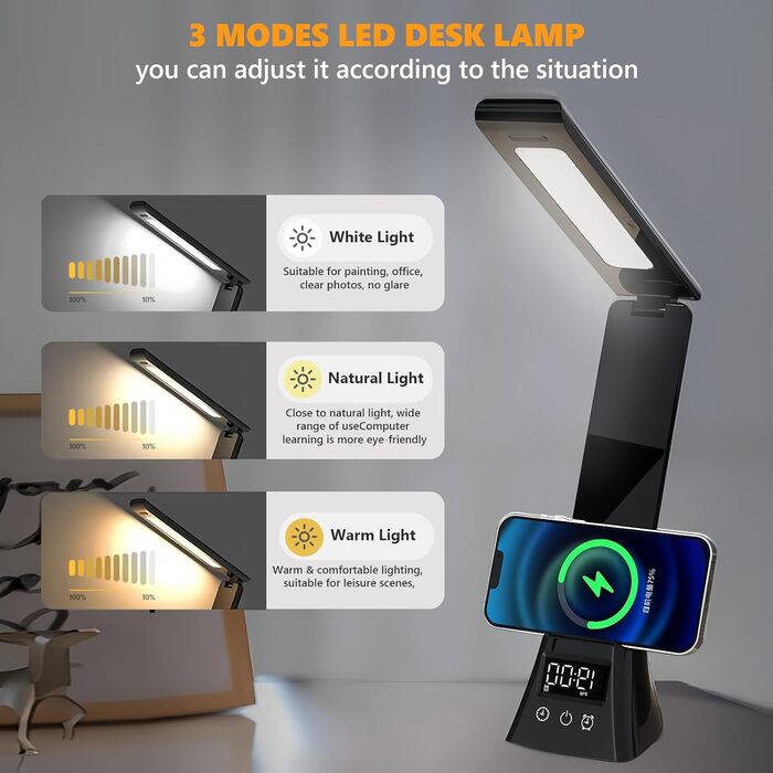 LED лампа настільна AMFUN з USB, регулюванням яскравості, захистом для очей, годинником та торканням, 3 кольори, нічник для читання, офіс