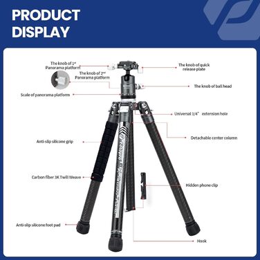 Штатив Fotopro X-Aircross 3 з вуглецевого волокна, 152 см, з кульковою головкою для панорами, 0.94 кг, для DSLR, з сумкою, максимальне навантаження 10 кг, сірий