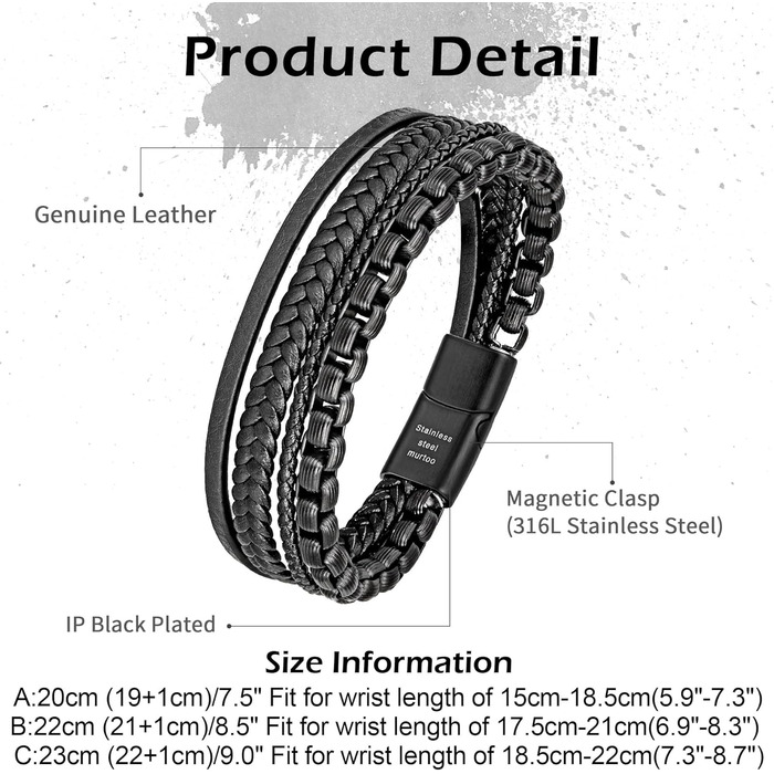 Чоловічий браслет Murtoo зі шкіри та нержавіючої сталі з магнітним застібком (20 см, чорний, коричневий)