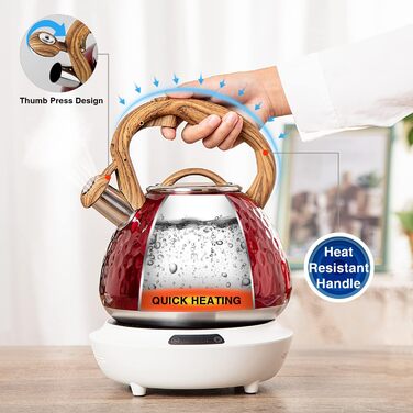 Чайник-свисток Toptier з дерев'яною ручкою, гучний свисток, нержавіюча сталь, чайник для плити, індукція, діамантовий дизайн, 2.7 л, червоний