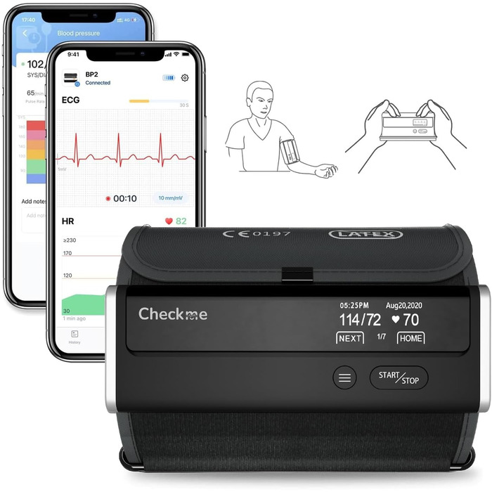 Тонометр CheckMe BP2 Connect на плечі з ЕКГ та AI-аналізом, середнє значення з 3 вимірювань, Bluetooth & WiFi, вимірювання пульсу, APP безлімітна база даних (Android&iOS)