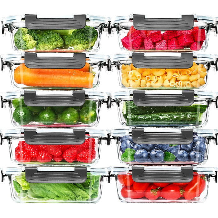 Skroam Glass Food Storage Containers 20 Piece 640ml [10 Containers + 10 Lids] - Meal Prep Boxes for Food - Transparent Lids - for Home Kitchen or Restaurant