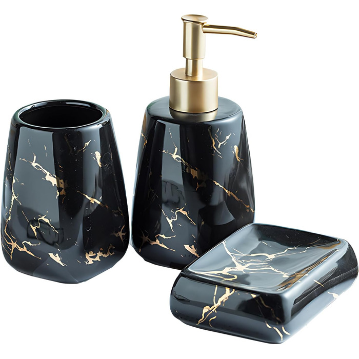 Набір аксесуарів для ванної кімнати XUDREZ з малюнком мармуру, кераміка, набір з 3 предметів: дозатор для лосьйону, стаканчик для зубних щіток, мильниця, чорний глянцевий, преміум якість