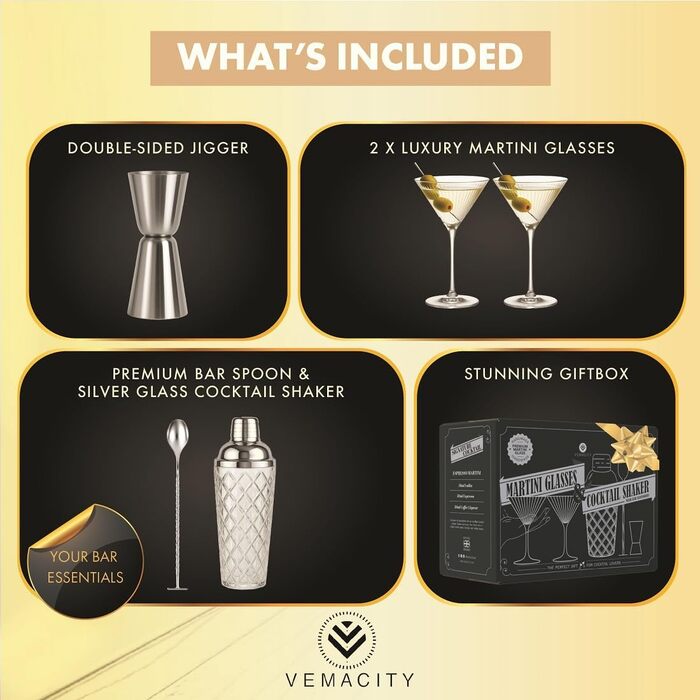 Набір для коктейлів Vemacity: шейкер (500 мл) + 2 келихи Espresso Martini з золотим бордюром, барна ложка та джиггер | Набір бармена | Келихи та шейкер для коктейлів | Ідеальний подарунок на Різдво та Новий рік | Золотий шейкер та класичні келихи Мартіні