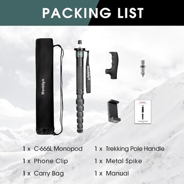 Монопод Manbily 32мм для камери: карбонове тренога, 44-174см, 6 секцій, з ручкою-ходунком, для DSLR, відеокамери, з кліпсою для телефону, сірий