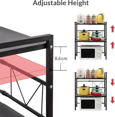 Підставка для мікрохвильової печі Todeco, 3-рівнева, регульована, з 6 гачками, чорна, до 25 кг, 36-60 x 36 x 44 см
