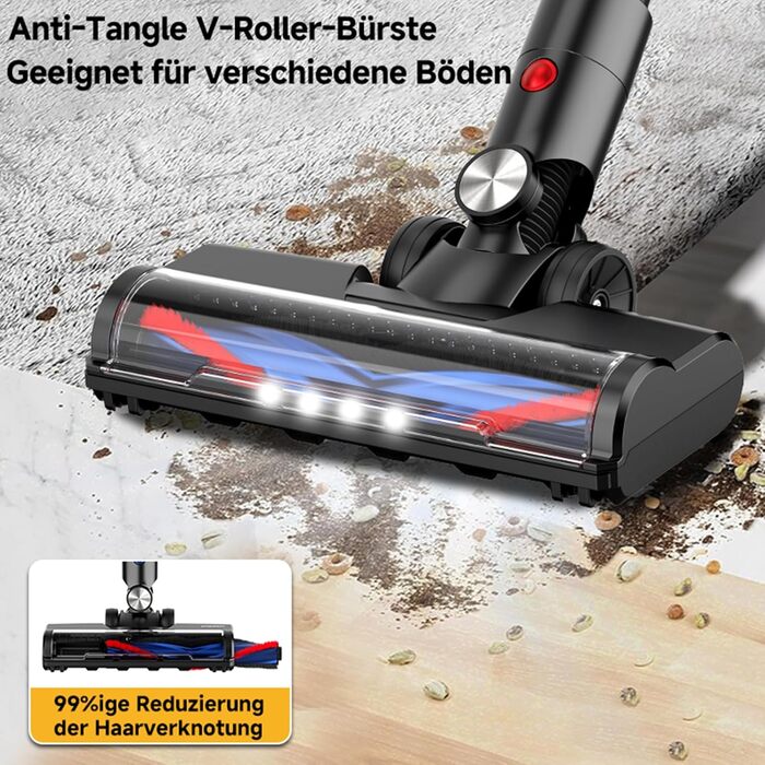 Акумуляторний бездротовий пилосос Hearten 4-в-1 з LED-дисплеєм та антизаплутувальною щіткою, керуванням в один дотик, LED-підсвічуванням для шерсті тварин/килимів/твердих підлог (Золотий)