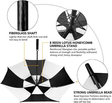 Стійкий до вітру парасолька-тростина XL/XXL, автоматичний, з подвійним вентиляційним отвором - високоякісний парасолька для жінок та чоловіків, ідеальний як гольф-парасолька (чорний/білий, 62 дюйми/157 см)