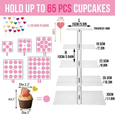 Підставка для капкейків з акрилу на 5 ярусів, 20 шпильок, прозора, для тортів та десертів, весілля, дні народження, барні вечірки, квадратна