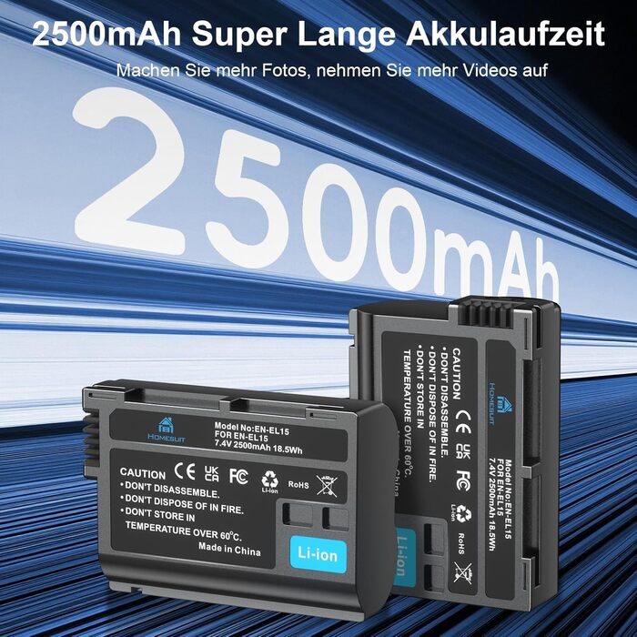 Акумулятор Homesuit EN-EL15c/a/15 (2шт) з LCD зарядним пристроєм для камер Nikon Z5, Z6, Z6II, Z6III, Z7, Z8, D7500, D7000, D7100, D7200, D500, D600, D610, D750, D780, D800, D810, D800E, D810A, D850