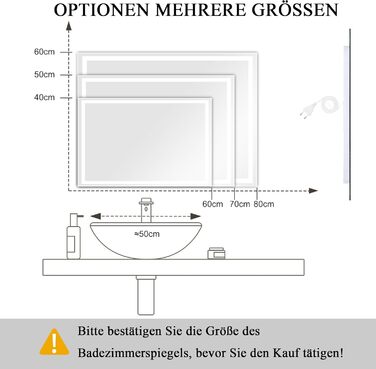 Дзеркало для ванної кімнати з підсвічуванням 40x60 см LED, з вимикачем, холодне біле світло 6000K
