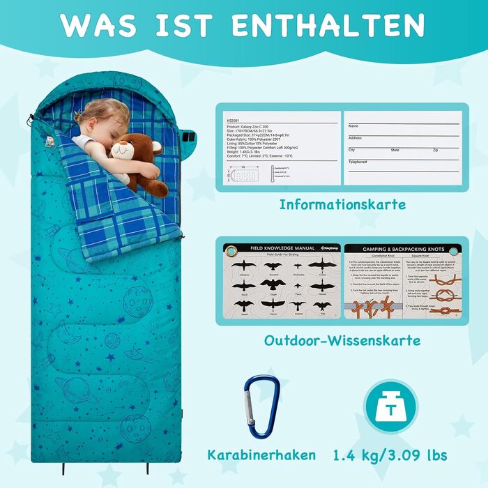 KingCamp Kids Sleeping Bag - Winter Warmth & 3-4 Season Comfort for Camping & Trekking - 170x70cm, 7°C Rating