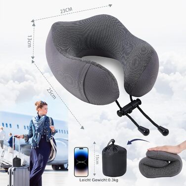 Подушка для шиї у подорожах: м'яка піна пам'яті, бавовна, U-подібна форма, з чохлом, для автомобіля, літака, офісу (сіра)