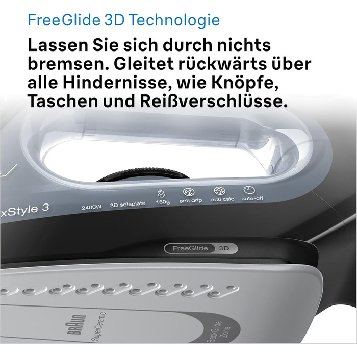 Праска з парою Braun FreeStyle 3 FI3124 PU, 2400 Вт, чорний/фіолетовий, технологія FreeGlide 3D, підошва SuperCeramic, Ultimate FastClean, автовимкнення, вертикальне прасування