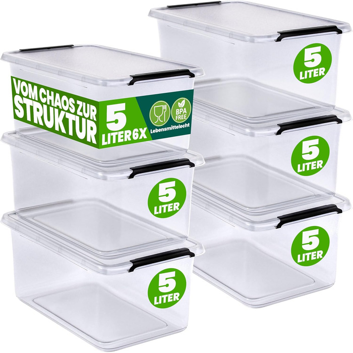 Deuba® 10x Storage Box with Lid - Plastic Boxes, Food Safe, BPA Free, Small, Click Closure, Transparent, Stackable, Kitchen, Bedroom (5L, Set of 6)