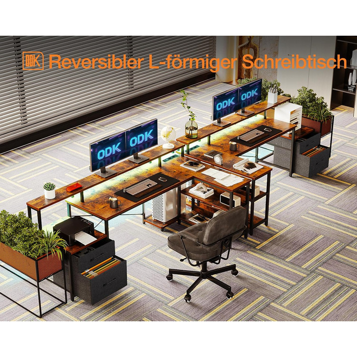 ODK L-Shaped Desk with Drawers, Reversible Corner Desk with LED & Power Strip, Large 189.3x100cm (Vintage Brown)