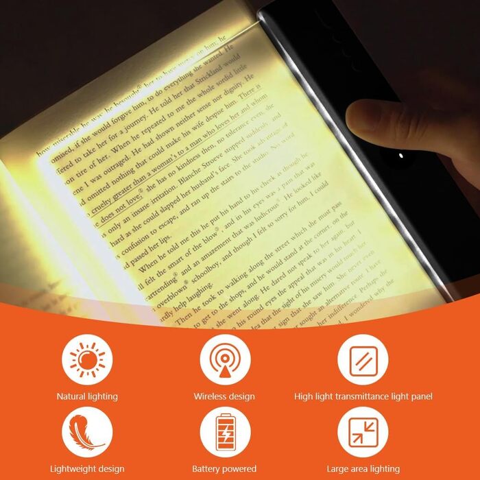 Світлодіодна плоска лампа для читання книг HOTUT Lightwedge, портативне LED-світло для книг з захистом очей, чорна