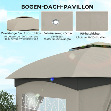 Outsunny Gazebo approx. 3.4x3.4 m water-resistant garden gazebo with 4 side panels, double roof, party tent with UV protection garden tent with galvanized metal frame, for garden light grey | Aosom