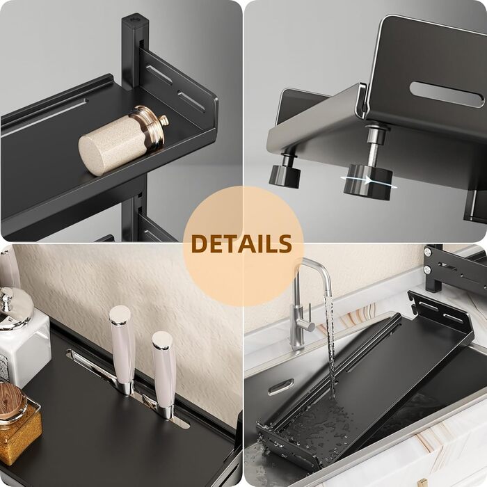 Металевий органайзер для спецій на 2 яруси, регульована висота, з захисним гратом та тримачем для ножів, чорний