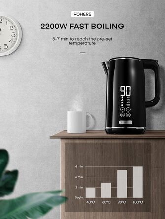 Електричний чайник FOHERE з регулюванням температури 1.7L, LCD дисплеєм (40°C - 100°C), чорний, з підігрівом до 240 хв, 2200W