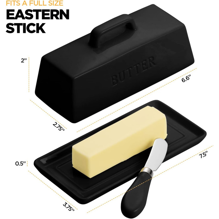 Ceramic Butter Dish Set with Lid and Knife – Black – Decorative Butter Crock Holder for 1 Butter – Microwave Safe, Dishwasher Safe – Includes Scratch-Free Stickers